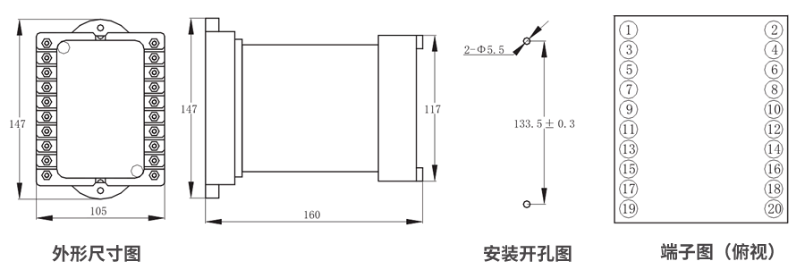 JZS-7/2415凸出式板前接線外形尺寸和安裝尺寸圖